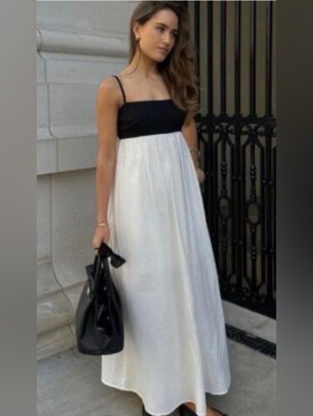 Boutique Elegant Black & White Spaghetti Strap Colorblock Maxi Dress